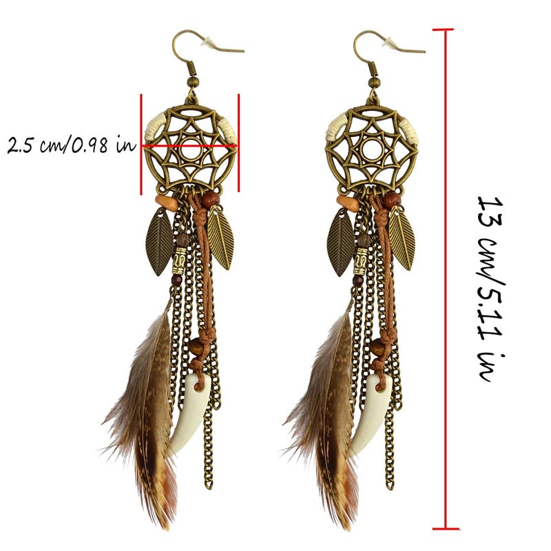 Idealway Punk Vintage Long Tassel Feather Beads Drop Wolf Tooth Pendant Earring Fish Hook Earrings (Brown A) - Image 5